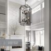 8-Light Lantern Tiered Pendant Light Fixtures, Black Metal Farmhouse Chandelier Hall Foyer Hanging Chandelier for Kitchen Island Dining Room Living Room Foyer Entryway, Black