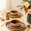 Top-down view of a lead-free ceramic dinnerware set for 4 showcasing the unique double reactive glaze colors.