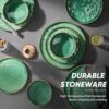 View of the E-far stoneware dessert plates stacked to highlight the sophisticated green finish