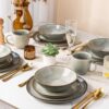 An organized kitchen cabinet view showcasing how the 24-piece dinnerware set for 8 stacks efficiently.