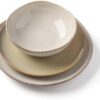 Microwave and dishwasher safe Oneida stoneware dinnerware set displayed to highlight its practical versatility