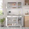 Stylized kitchen scene featuring the white kitchen pantry cabinet with wine rack