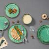 High-fired green stoneware dinnerware set in a microwave and dishwasher safe design