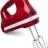 Side view of the Empire Red KitchenAid 5 speed hand mixer showing the ergonomic soft grip handle.